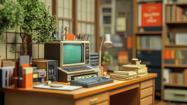 Vintage office with retro computer and books in cozy workspace setting. Diorama.