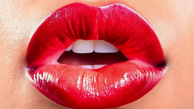 Close-up of glossy red lips of Caucasian woman wearing vibrant red lipstick with a high shine finish. Concept of beauty, cosmetics, bold elegance, glamour, sensuality, makeup artistry for fashion