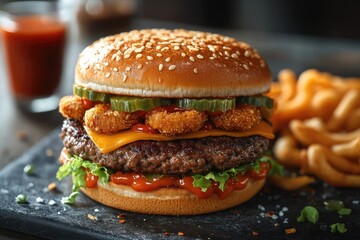 Delicious Cheeseburger Topped With Onion Rings and Pickles