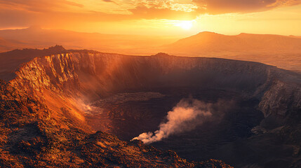 Naklejka premium Volcano Adventure: Explore Dramatic Sunset Landscapes with Stunning Crater Views and Volcanic Activity
