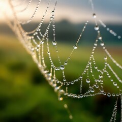 Morning dew glistens on a spider web in nature