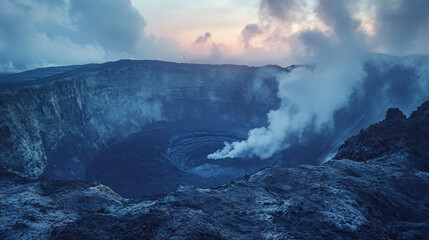 Fototapeta premium Spectacular Volcano Eruption: Dramatic Landscape with Smoky Geothermal Crater and Colorful Evening Clouds