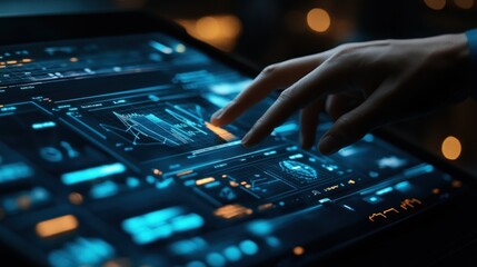 A person interacting with data displayed on a screen interface