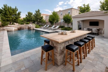 Fototapeta premium Elegant outdoor pool area featuring modern bar seating and a serene waterfall in a residential garden during sunny afternoon