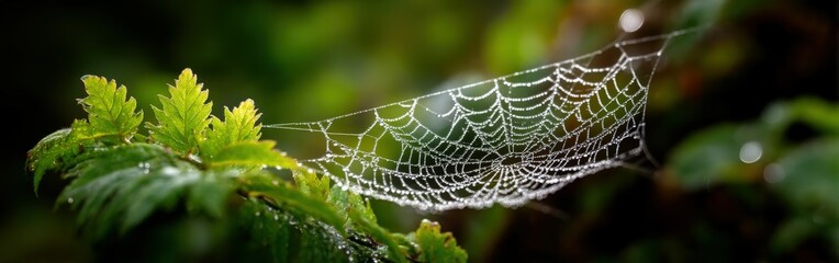 Dew-covered spider web glistens in morning light