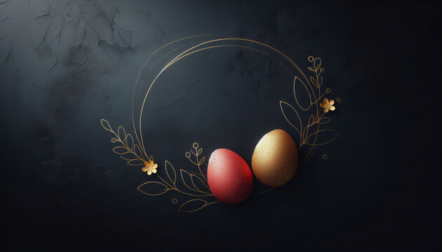 Easter eggs on a black background with golden frame. Happy Easter.