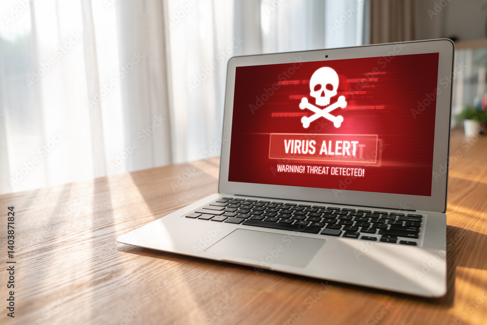 Poster virus warning alert on computer screen detected modish cyber threat , hacker, computer virus and mal