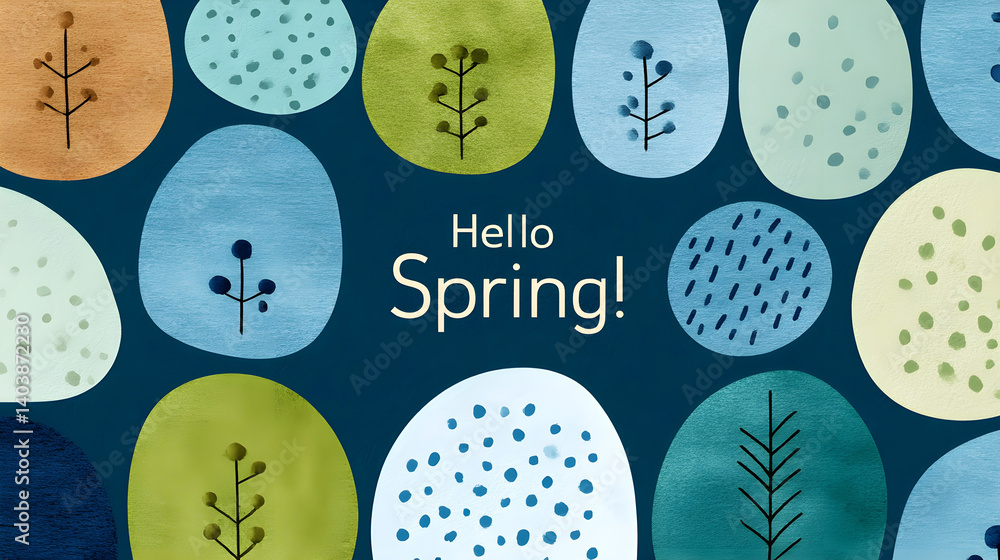 Aufkleber colorful abstract spring background with leaves and text hello spring on dark blue backdrop