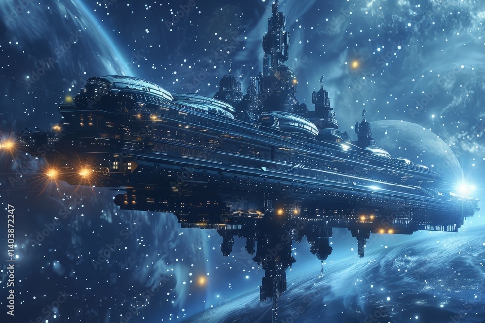 Aufkleber a futuristic space station orbiting a distant planet with twin topaz moons, a space station orbiting