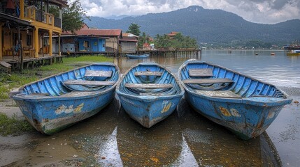 Fototapeta premium Three Blue Boats Docked by a Calm Lake and Lush Mountains