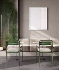 Picture frame mockup in stylish bar with green chair and plant, 3d rendering