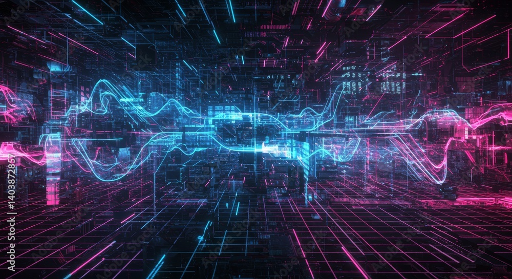 Poster wave network - abstract art depicting a flowing network of data streams and energy waves in vibrant 