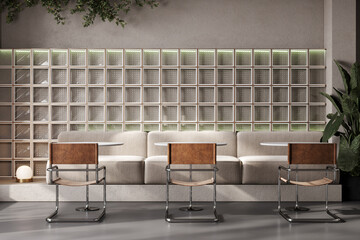 Minimalistic Scandinavian cafe interior design with natural morning light and modern decor