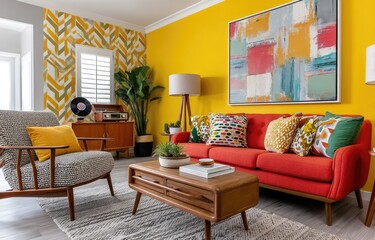 Modern interior design with retro elements, yellow walls and vintage furniture, warm colors