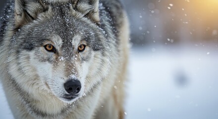Obraz premium Winter Wolf: Predatory Gaze at Dawn - A majestic grey wolf, eyes gleaming, stands in a snowy winter landscape. Symbolizing wildness, strength, resilience, mystery, and survival