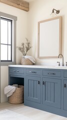 A color palette mood board for a bathroom interior, with navy and white stripes on the wall above the sink; a large blank picture frame is hanging on one of the walls; a small window to the left side;