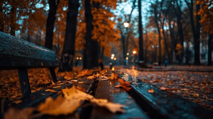 A wooden bench covered in leaves in an autumn park