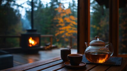 A relaxing scene showing tea fireplace and beautiful forest outside