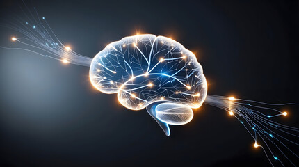 Digital illustration of a glowing brain with neural pathways extending on both sides, symbolizing connection, intelligence, and futuristic data flow.