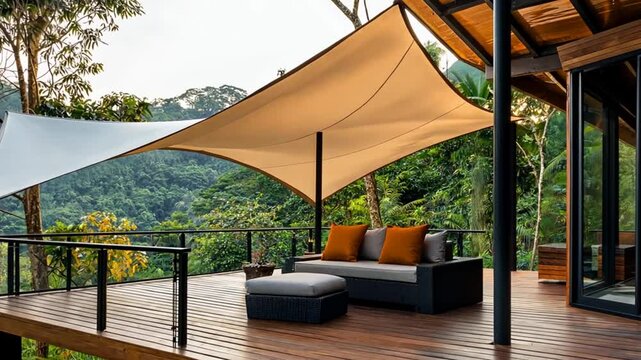 Modern outdoor living space with elegant shade sails overlooking lush green forest scenery