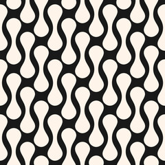 Abstract vector geometric seamless pattern. Simple black and white background with rounded organic shapes, curved lines, grid. Stylish minimal monochrome texture. Funky repeated geo design for decor