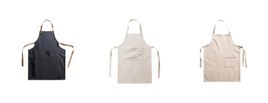 Three modern aprons with adjustable straps and front pockets in different neutral shades