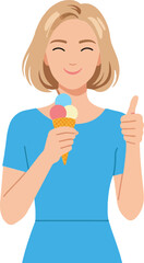 Happy woman with blonde hair giving thumbs up while enjoying colorful ice cream cone in a flat vector art style