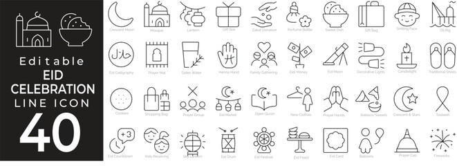 Eid celebration icon set. Includes hand-drawn elements for web, technology, Ramadan, charity, Islamic culture, holidays, and digital illustration. Editable stroke.