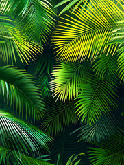 Fototapeta premium Lush vibrant green palm leaves create a dense tropical canopy with dappled light filtering through the foliage.