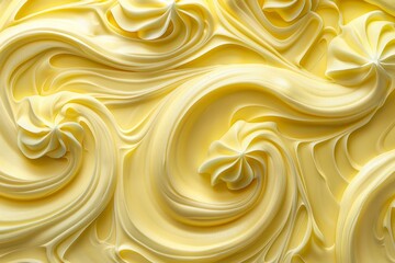 A close-up shot of swirls of lemon yellow buttercream frosting, creating a smooth and inviting texture, Abstract swirls of lemon yellow on a pale yellow base
