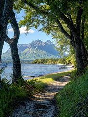Fototapeta premium Path to a tranquil bay framed by trees with a striking mountain rising in the distance under a bright sky.