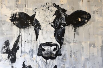 A close-up abstract portrait of a black and white cow, painted in a textured style, An abstract interpretation of a cow's black and white markings