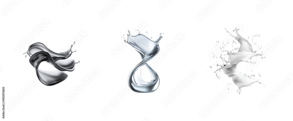 Poster dynamic splashes of liquid in motion capturing water and milk in artistic formation