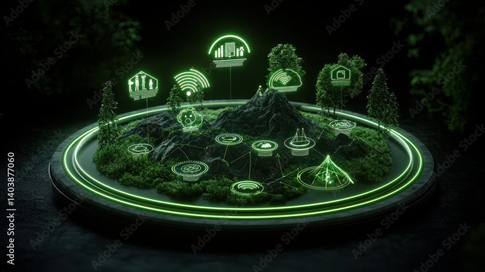 Poster a circular landscape model featuring data visualization and digital technology