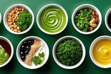 Diverse selection of vibrant sauces and garnishes arranged on a green background ready for culinary creations