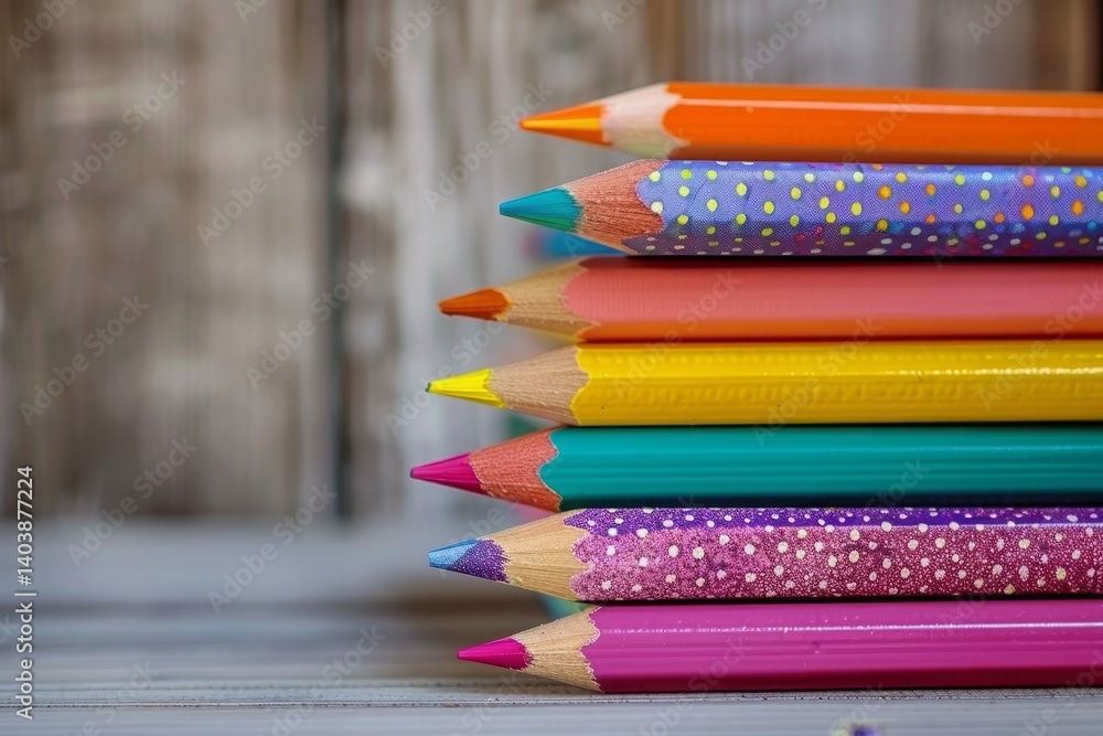 Poster a stack of colorful pencils with sharpened tips sits on a wood surface, a stack of colorful notebook