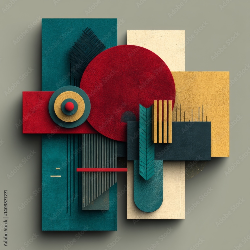 Aufkleber Geometric Composition with Textural Elements: Abstract Art Featuring Circles, Squares, and Linear Details