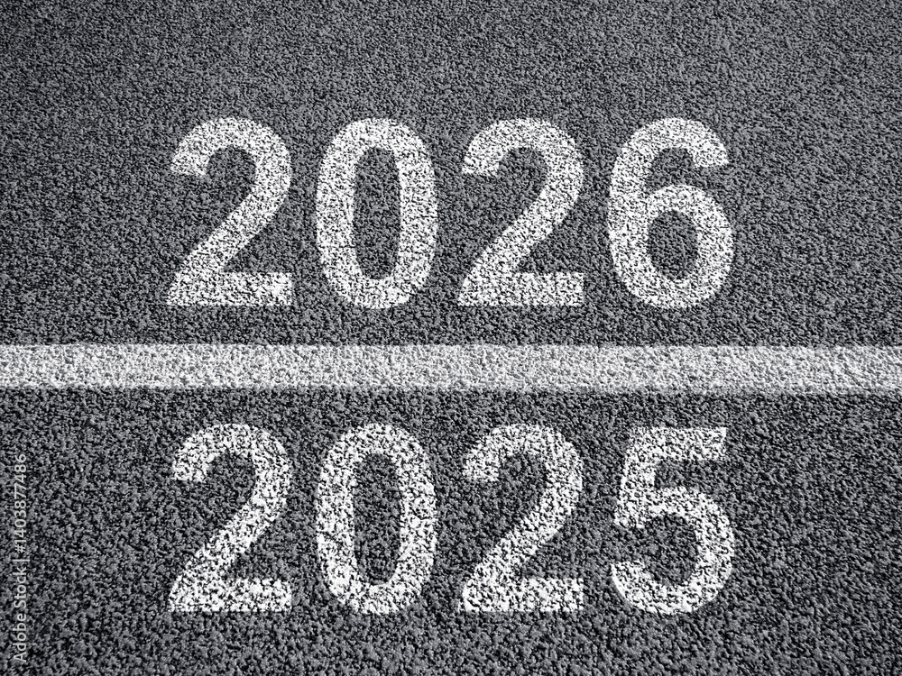 Fototapete Change of year. Arrival of 2026 season. Number 2026 on asphalt. New year is approaching. Business background for future announcement. Year 2025 changes to 2026. Two thousand twenty-six. 3d image