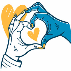 Fototapeta premium Cartoon Hands Heart Symbol Vector Art - Blue White Hands Love Unity Support Yellow Hearts