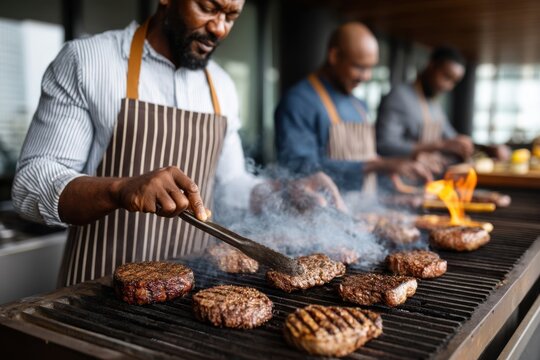 Grilling delicious burgers at a rooftop barbecue event in the city with friends