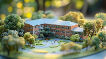 Miniature model of school building in lush park setting with trees and pathways. Diorama.