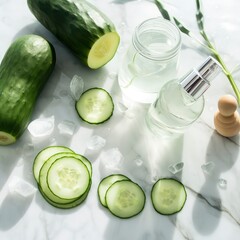 Refreshing Cucumber Skincare Products and Ingredients on Marble Background