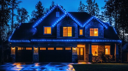 Illuminated Residence: A Nighttime View of a Two-Story House Adorned with Blue Christmas Lights