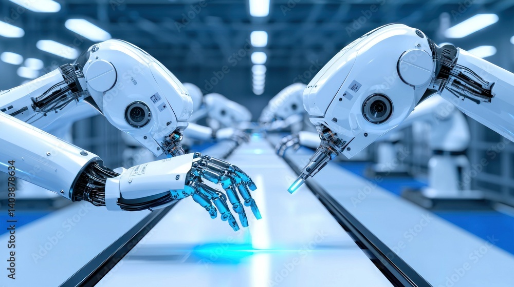 Poster automated robotic arms work together on a production assembly line