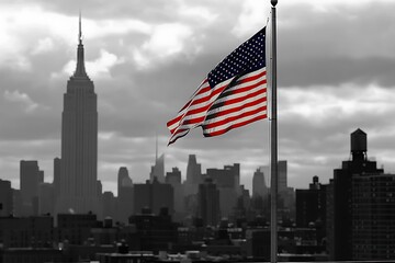 new york skyline wih american banner flag 