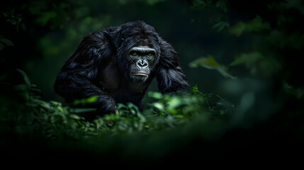 Dominant Gorilla Stands Amidst Lush Green Jungle Foliage Observing with Intense Gaze
