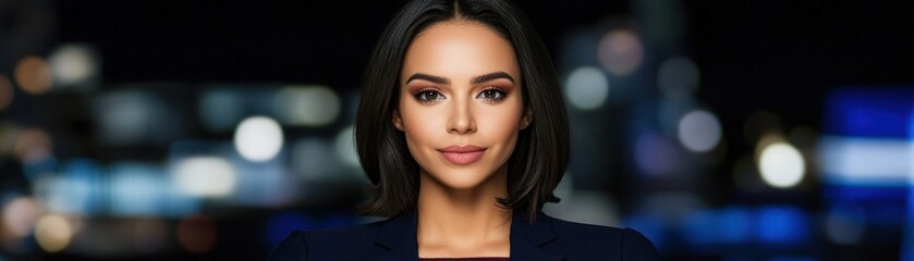 Fototapeta premium Attractive woman with dark hair smiling in front of blurry background