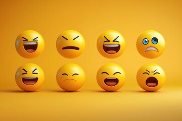 Fototapeta premium Diverse expressions captured in playful emojis showcasing a range of human emotions on a vibrant yellow backdrop