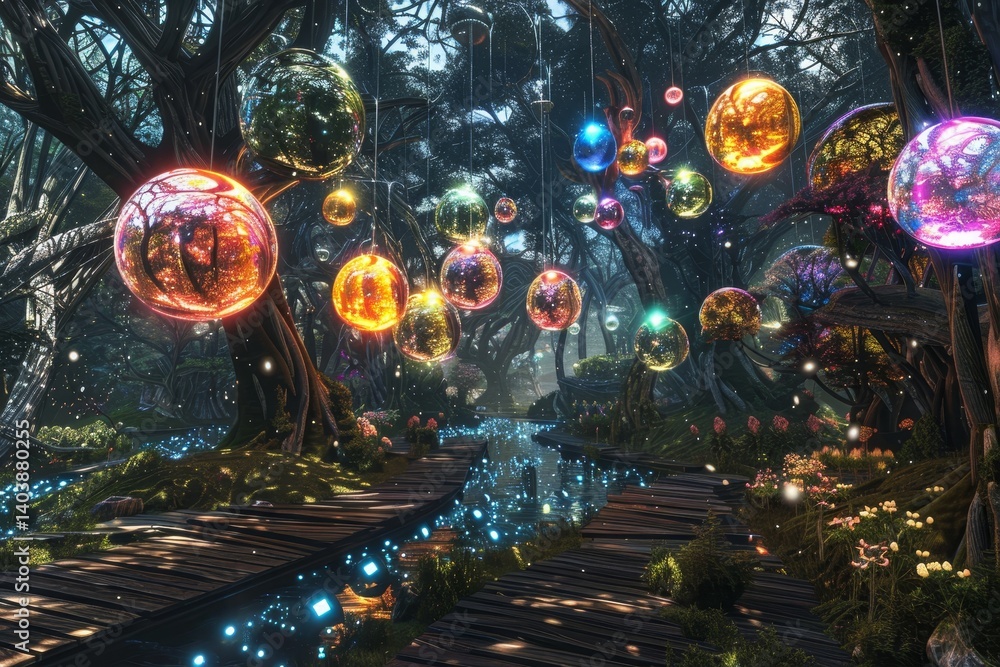 Poster a glowing, ethereal path through a forest, illuminated by colorful orbs hanging from the trees, a ma