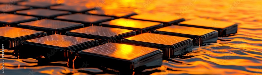 Poster illuminated square surfaces arranged in a pattern with reflective liquid